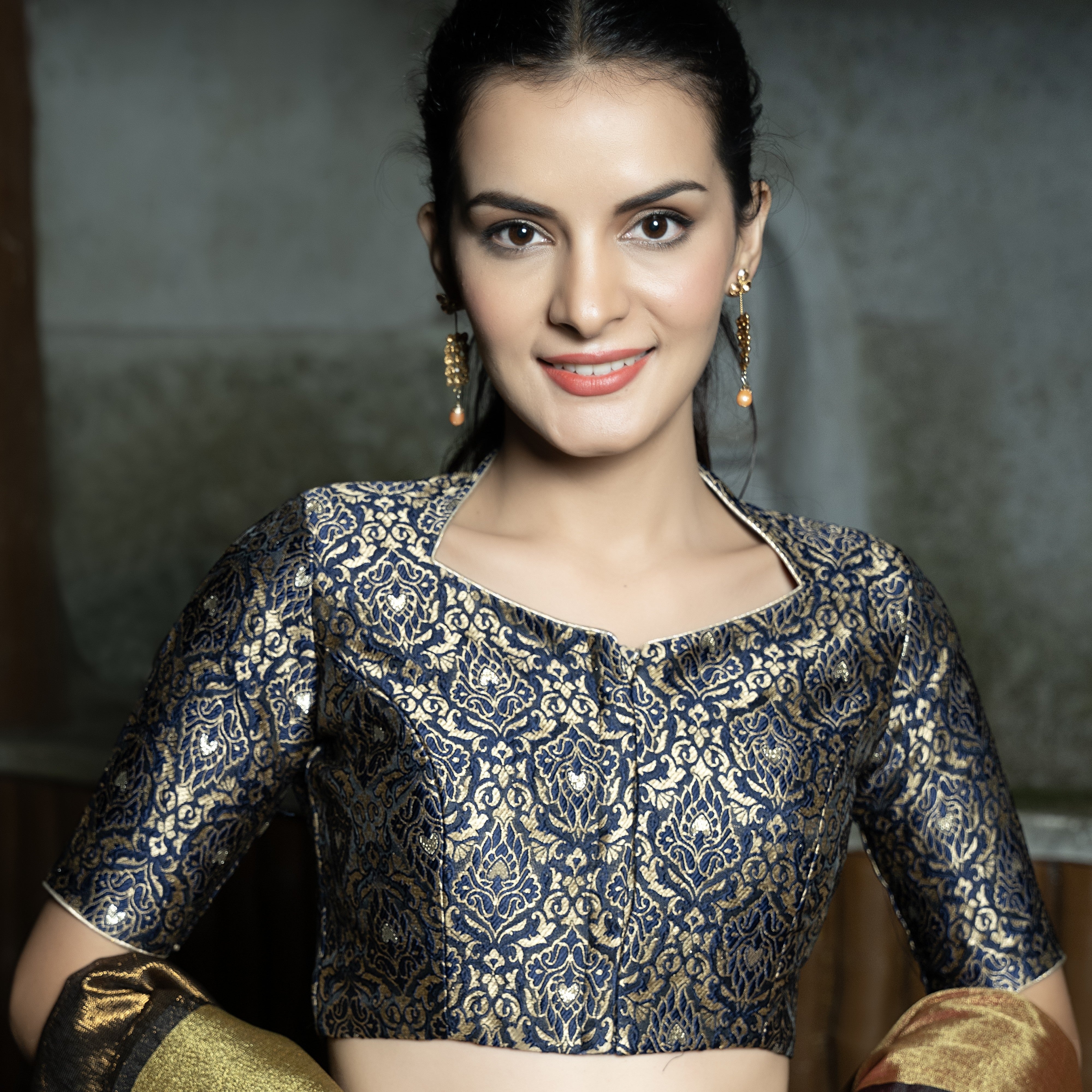 Navy Brocade Blouse