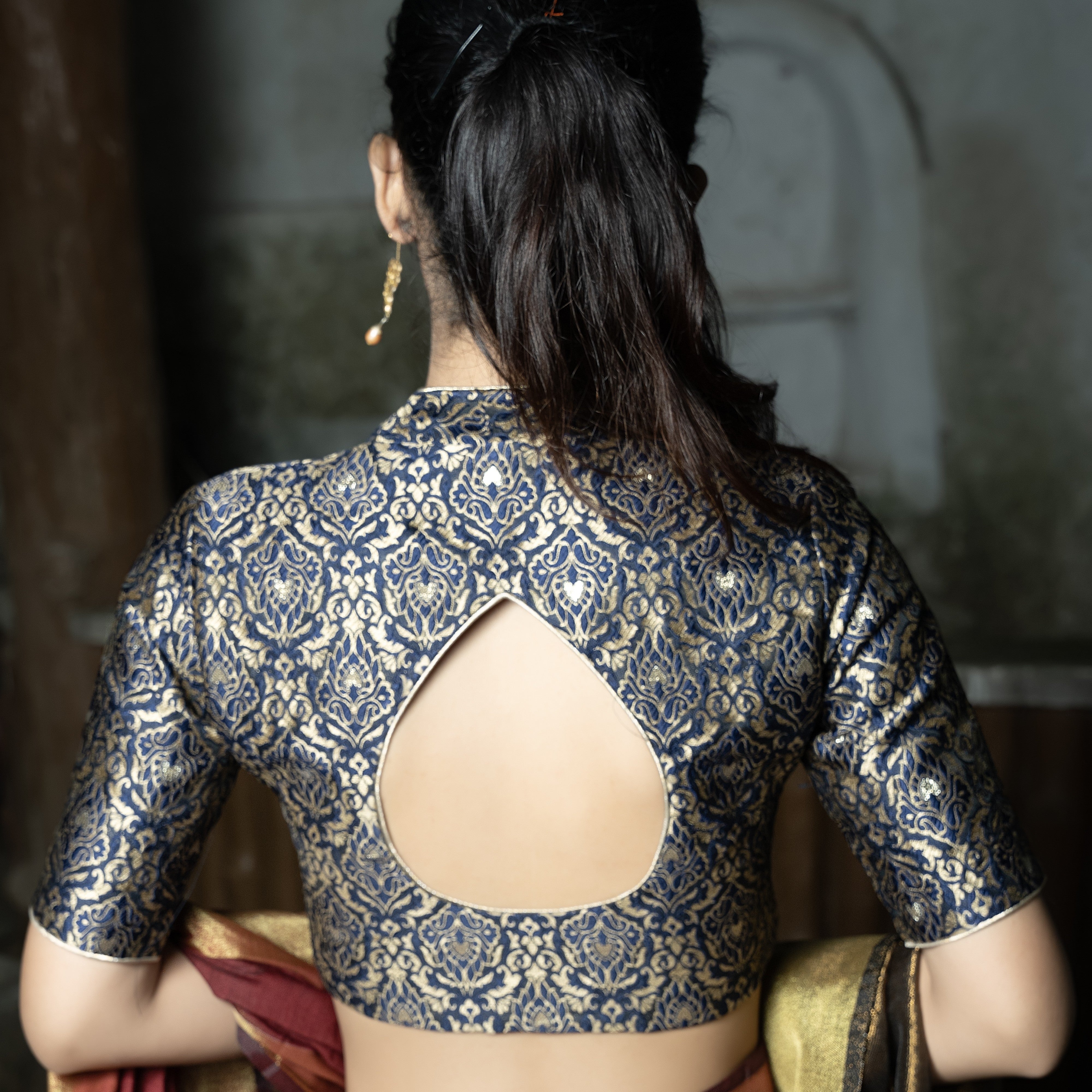 Navy Brocade Blouse