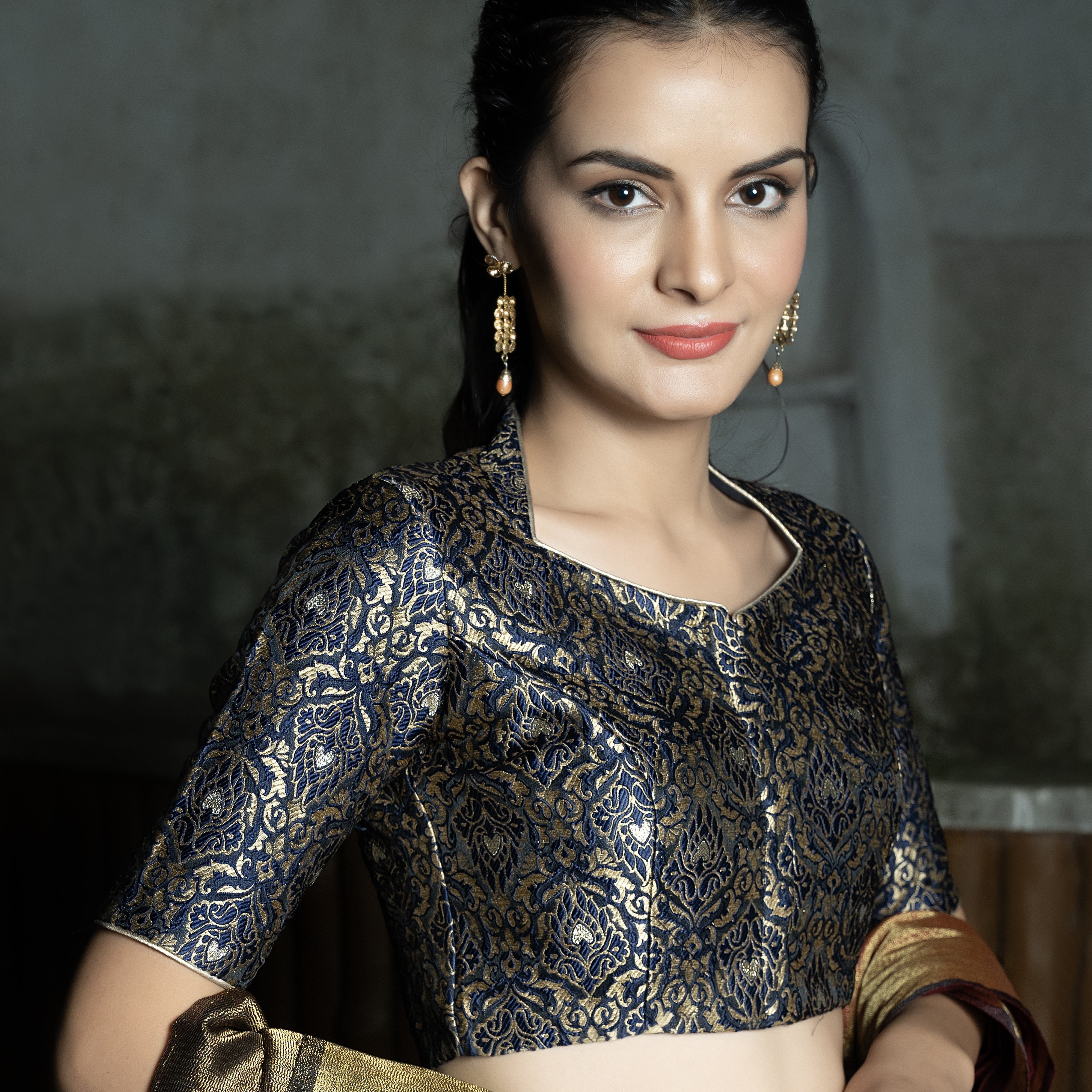 Navy Brocade Blouse
