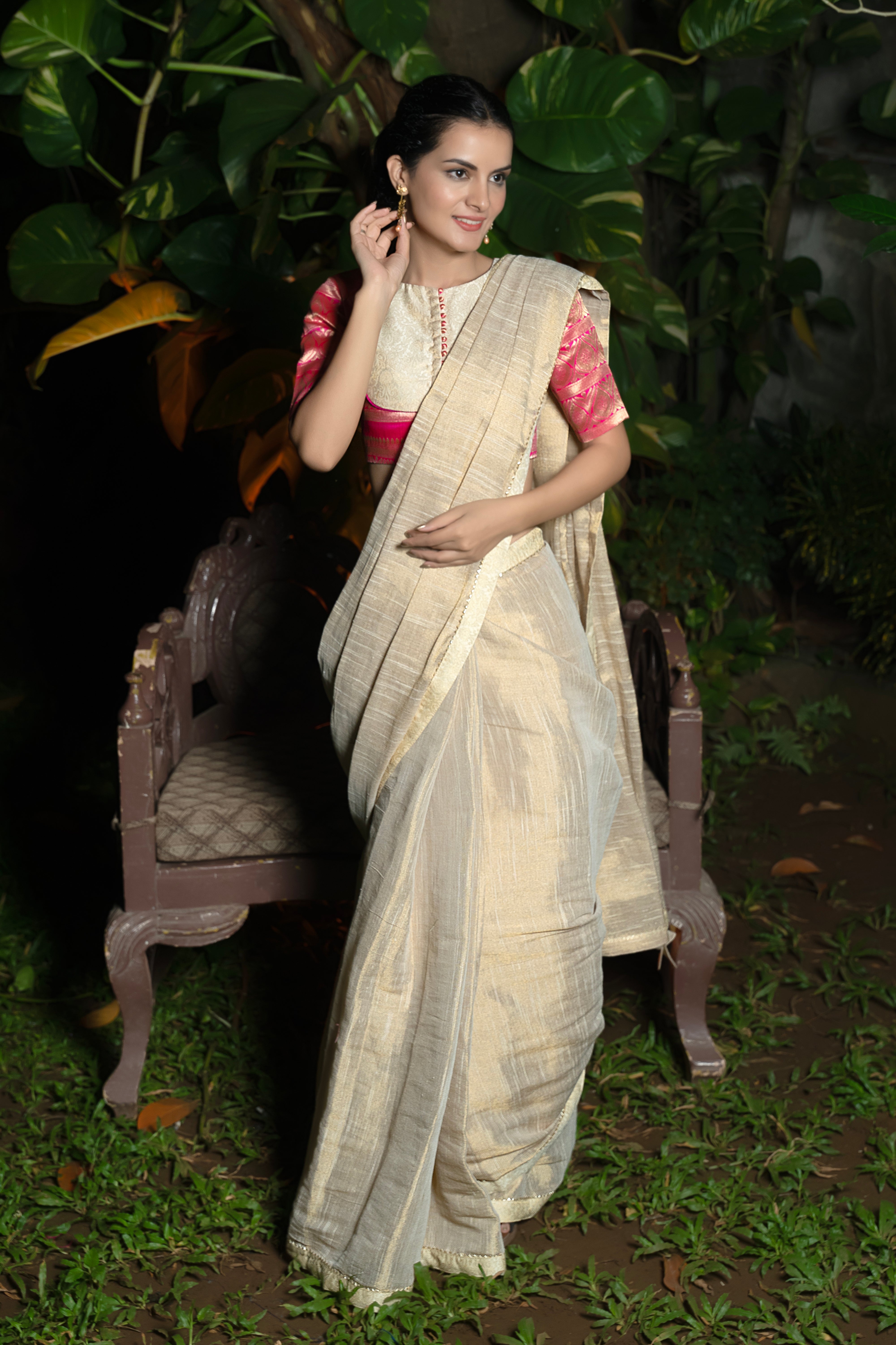 White Gold Linen Saree