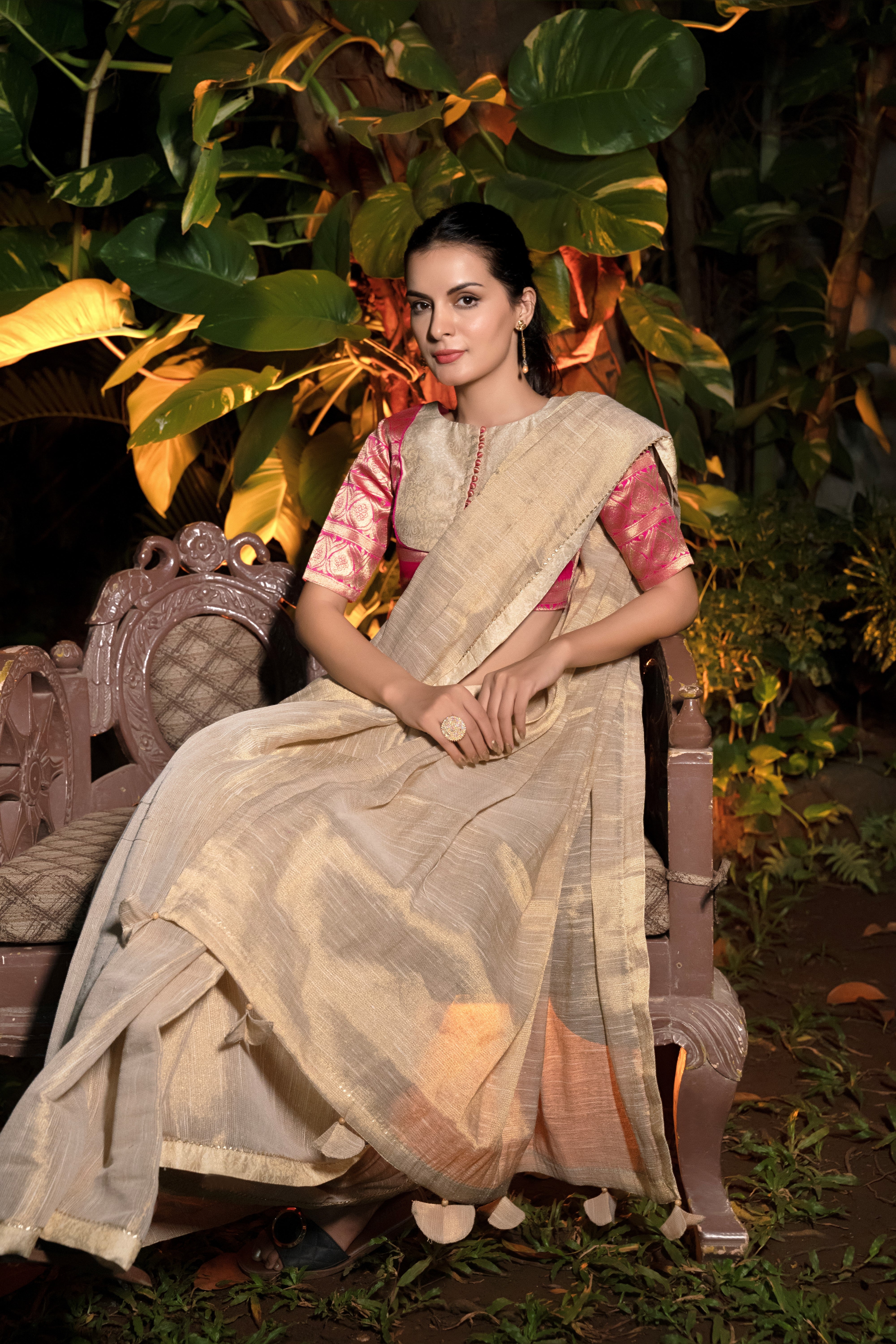 White Gold Linen Saree